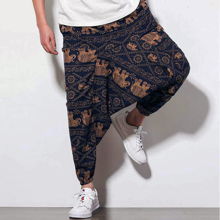 Pantaloni harem lunghi da uomo con tasche, con stampa Buddha Stones elefanti, colore marrone e nero. - image 7