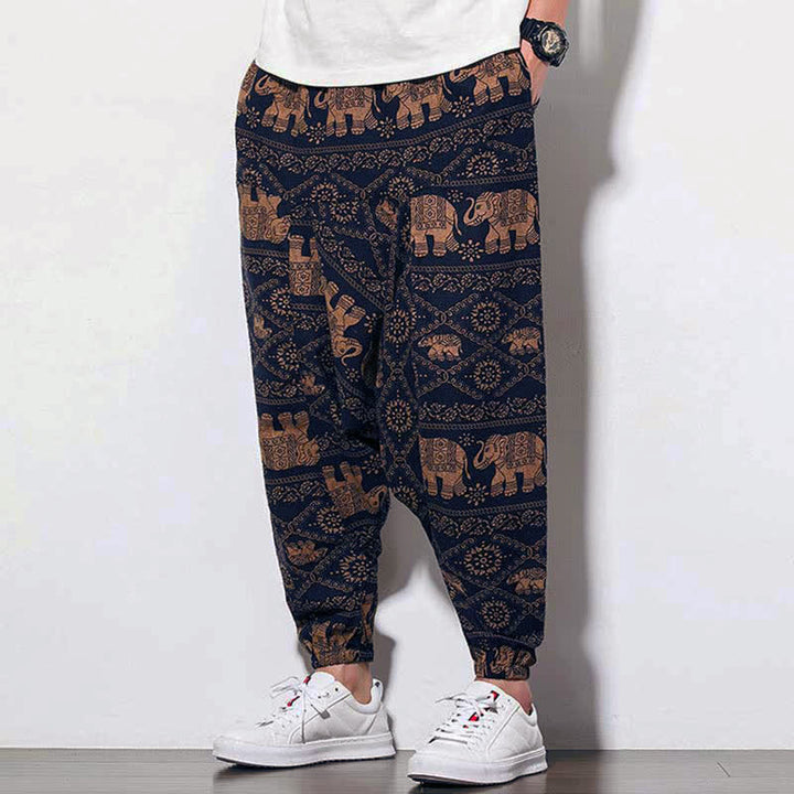 Pantaloni harem lunghi da uomo con tasche, con stampa Buddha Stones elefanti, colore marrone e nero. - image 3