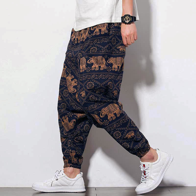Pantaloni harem lunghi da uomo con tasche, con stampa Buddha Stones elefanti, colore marrone e nero. - image 5