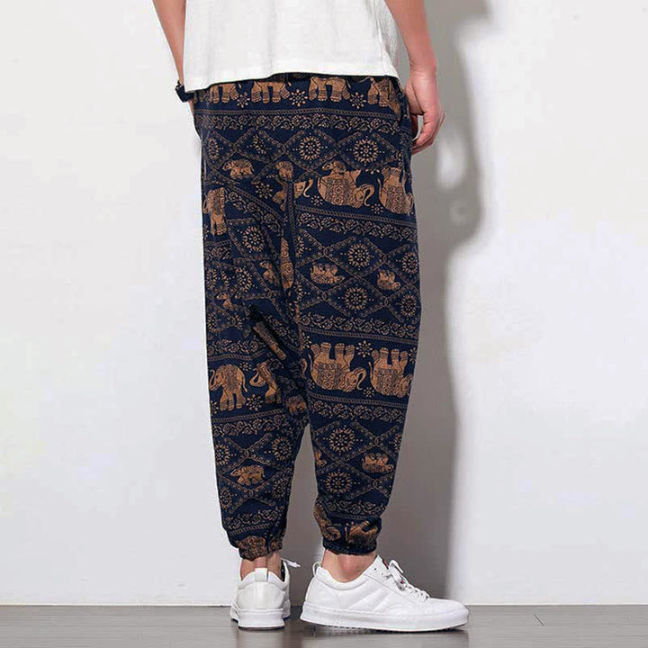 Pantaloni harem lunghi da uomo con tasche, con stampa Buddha Stones elefanti, colore marrone e nero. - image 2