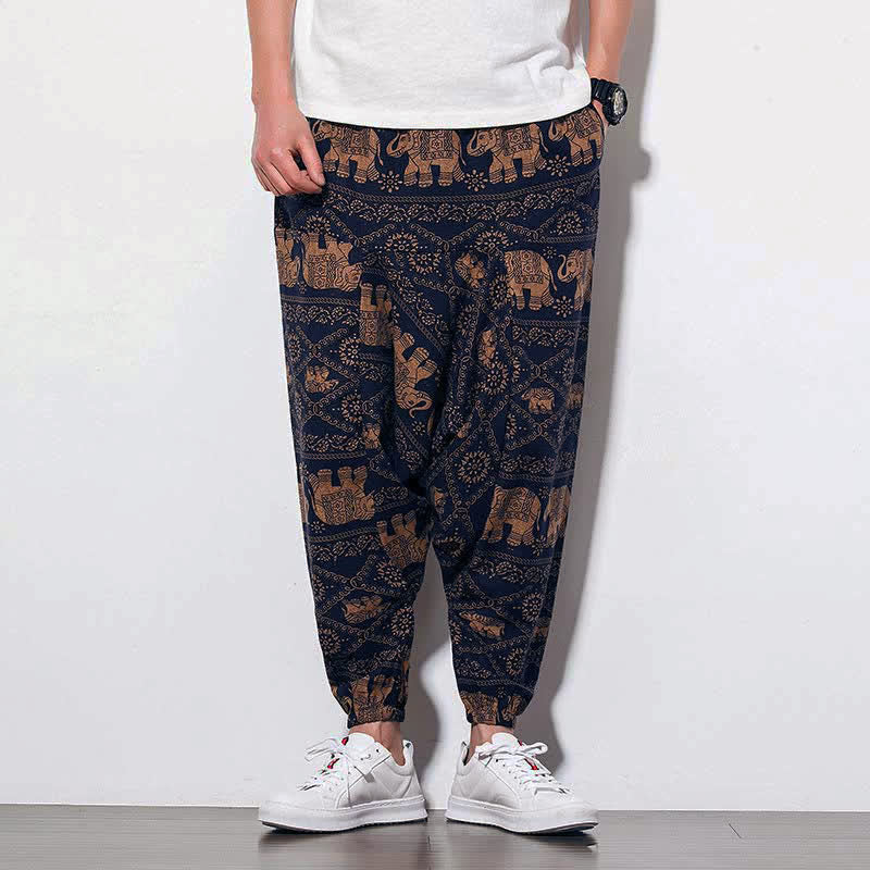 Pantaloni harem lunghi da uomo con tasche, con stampa Buddha Stones elefanti, colore marrone e nero. - image 1