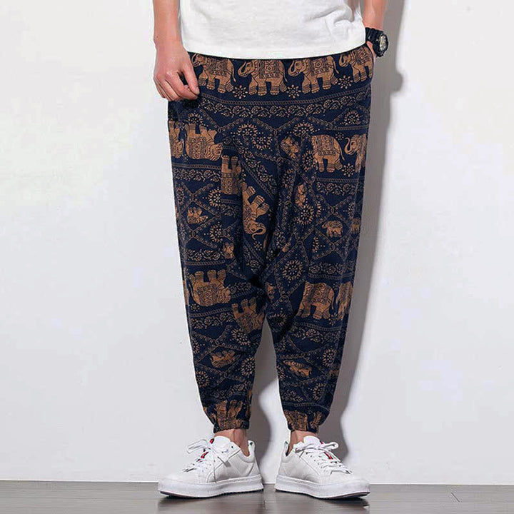 Pantaloni harem lunghi da uomo con tasche, con stampa Buddha Stones elefanti, colore marrone e nero. - image 6