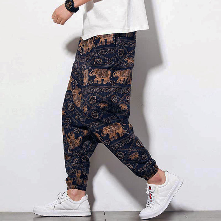 Pantaloni harem lunghi da uomo con tasche, con stampa Buddha Stones elefanti, colore marrone e nero. - Elefante in stile lungo - US/UK/AU46, EU56 (5XL) - image 0