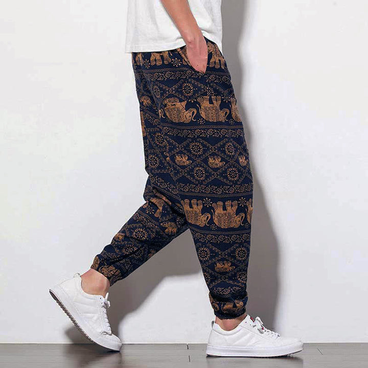 Pantaloni harem lunghi da uomo con tasche, con stampa Buddha Stones elefanti, colore marrone e nero. - image 4