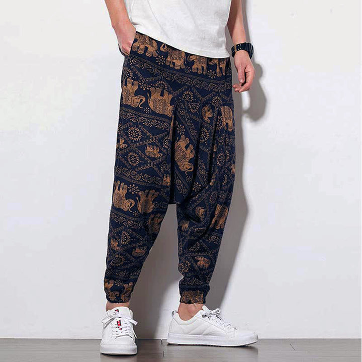 Pantaloni harem lunghi da uomo con tasche, con stampa Buddha Stones elefanti, colore marrone e nero. - image 8