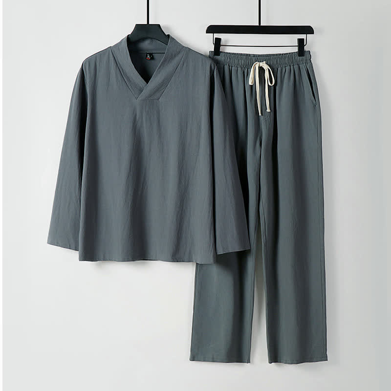 Completo Hanfu da uomo con giacca e pantaloni in cotone e lino, colletto incrociato Buddha Stones. - Grigio - US/UK/AU54, EU64 (9XL) - image 0