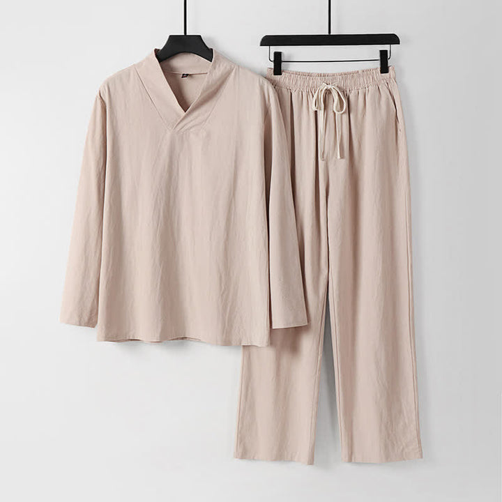 Completo Hanfu da uomo con giacca e pantaloni in cotone e lino, colletto incrociato Buddha Stones. - Biscotto - US/UK/AU54, EU64 (9XL) - image 10
