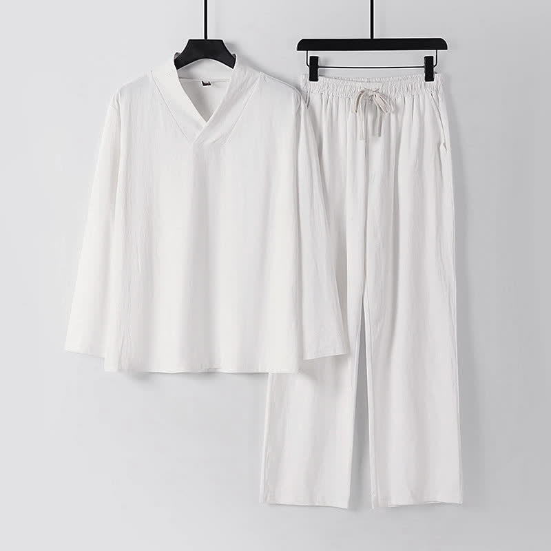 Completo Hanfu da uomo con giacca e pantaloni in cotone e lino, colletto incrociato Buddha Stones. - Bianco - US/UK/AU54, EU64 (9XL) - image 13