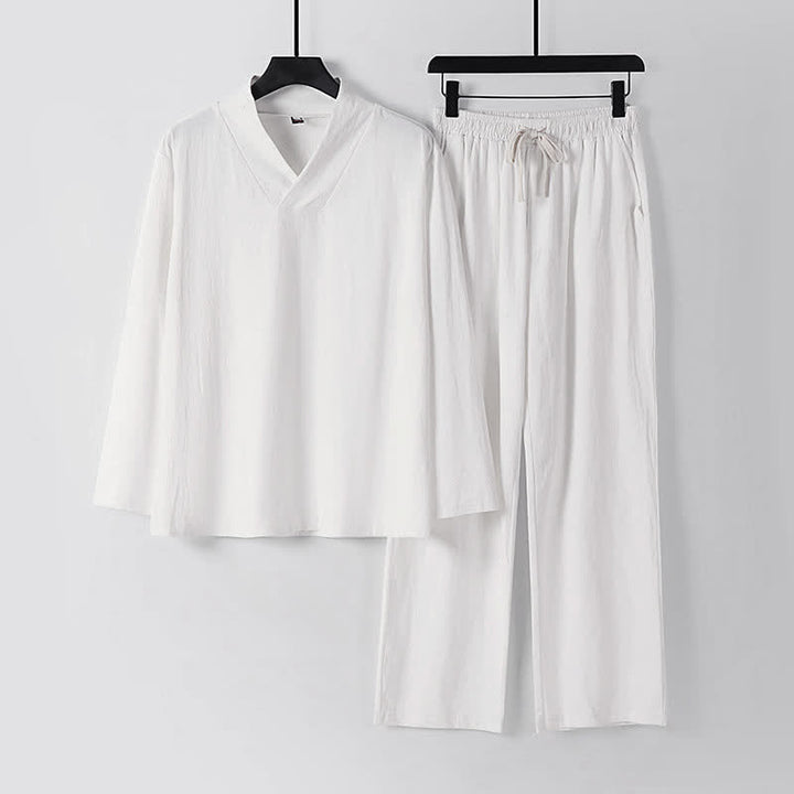 Completo Hanfu da uomo con giacca e pantaloni in cotone e lino, colletto incrociato Buddha Stones. - Bianco - US/UK/AU54, EU64 (9XL) - image 13