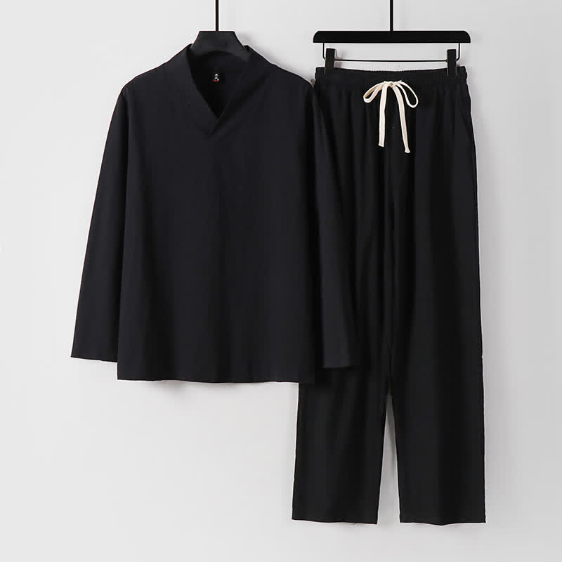 Completo Hanfu da uomo con giacca e pantaloni in cotone e lino, colletto incrociato Buddha Stones. - Nero - US/UK/AU54, EU64 (9XL) - image 3