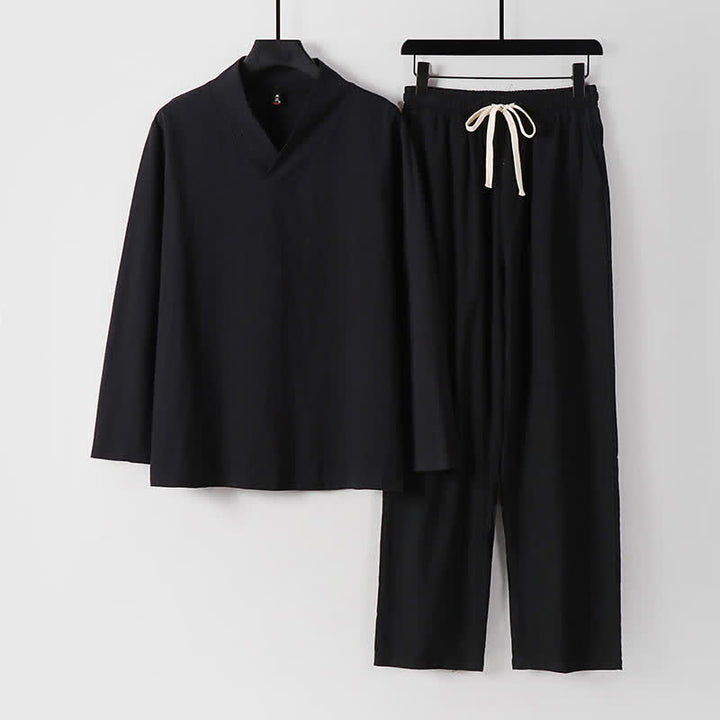 Completo Hanfu da uomo con giacca e pantaloni in cotone e lino, colletto incrociato Buddha Stones. - Nero - US/UK/AU54, EU64 (9XL) - image 3
