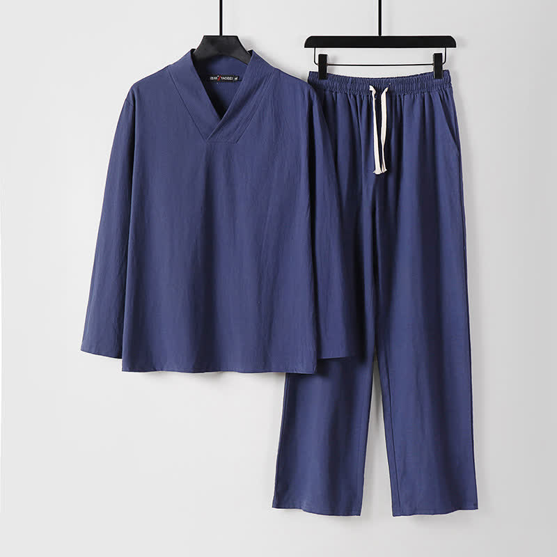 Completo Hanfu da uomo con giacca e pantaloni in cotone e lino, colletto incrociato Buddha Stones. - Blu ardesia scuro - US/UK/AU54, EU64 (9XL) - image 23