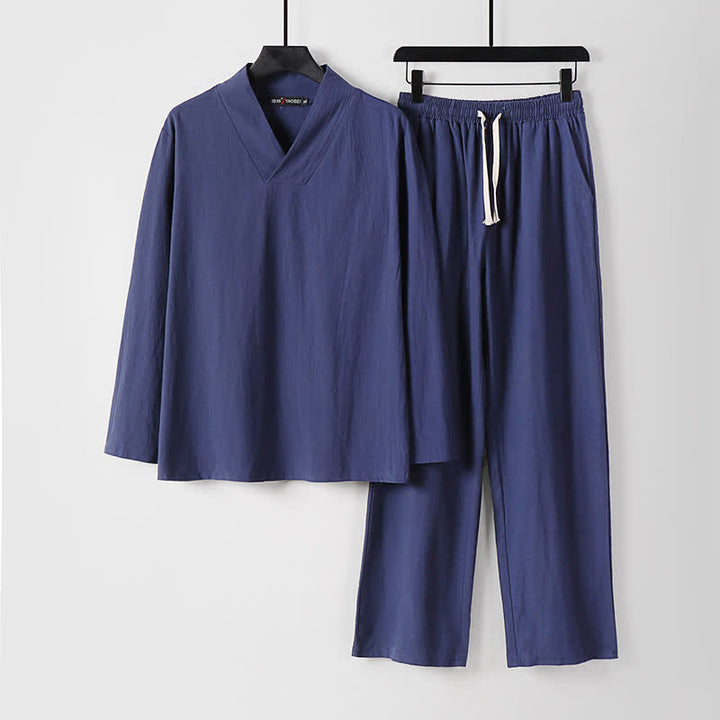 Completo Hanfu da uomo con giacca e pantaloni in cotone e lino, colletto incrociato Buddha Stones. - Blu ardesia scuro - US/UK/AU54, EU64 (9XL) - image 23