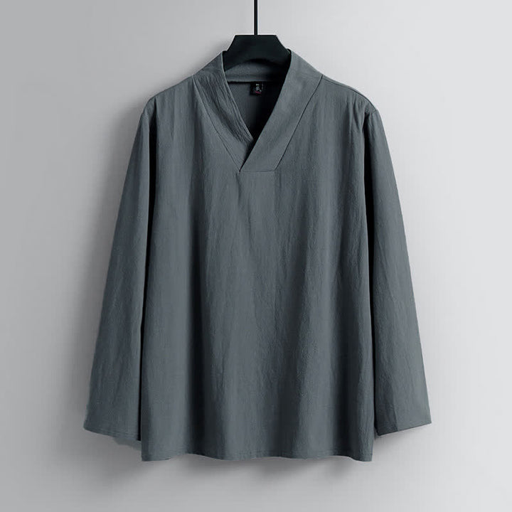 Completo Hanfu da uomo con giacca e pantaloni in cotone e lino, colletto incrociato Buddha Stones. - image 1