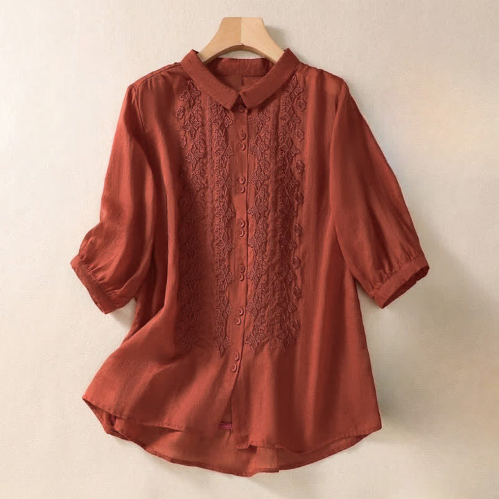 Camicia da donna estiva con bottoni, ricamo floreale e maniche a tre quarti, modello Buddha Stones Summer Plain Button. - Rosso - US8-10, UK/AU12-14, EU40-42 (2XL) - image 19