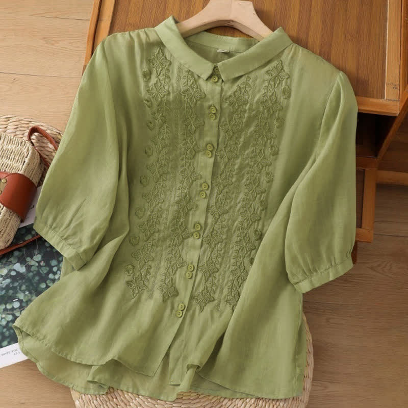 Camicia da donna estiva con bottoni, ricamo floreale e maniche a tre quarti, modello Buddha Stones Summer Plain Button. - image 1