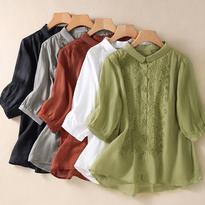 Camicia da donna estiva con bottoni, ricamo floreale e maniche a tre quarti, modello Buddha Stones Summer Plain Button. - image 32