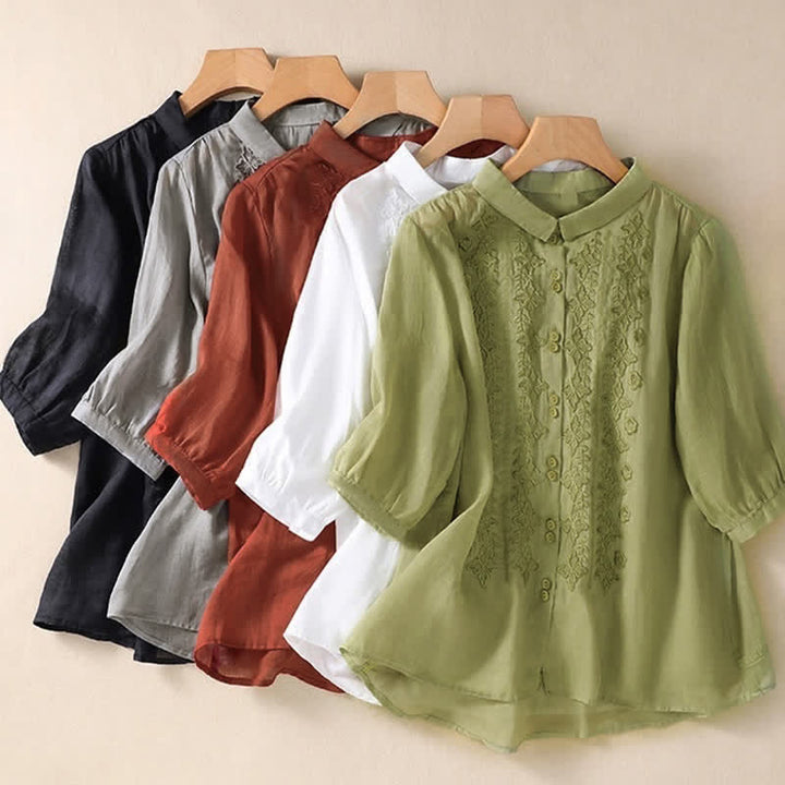 Camicia da donna estiva con bottoni, ricamo floreale e maniche a tre quarti, modello Buddha Stones Summer Plain Button. - image 32