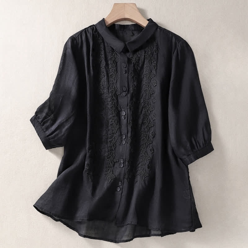 Camicia da donna estiva con bottoni, ricamo floreale e maniche a tre quarti, modello Buddha Stones Summer Plain Button. - Nero - US12, UK/AU16, EU44 (2XL) - image 26