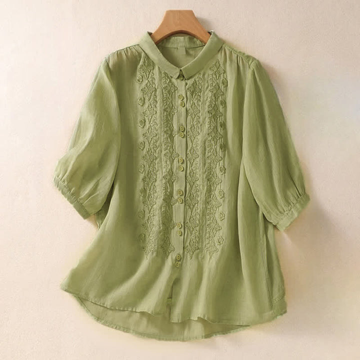 Camicia da donna estiva con bottoni, ricamo floreale e maniche a tre quarti, modello Buddha Stones Summer Plain Button. - Verde pallido - US8-10, UK/AU12-14, EU40-42 (2XL) - image 0