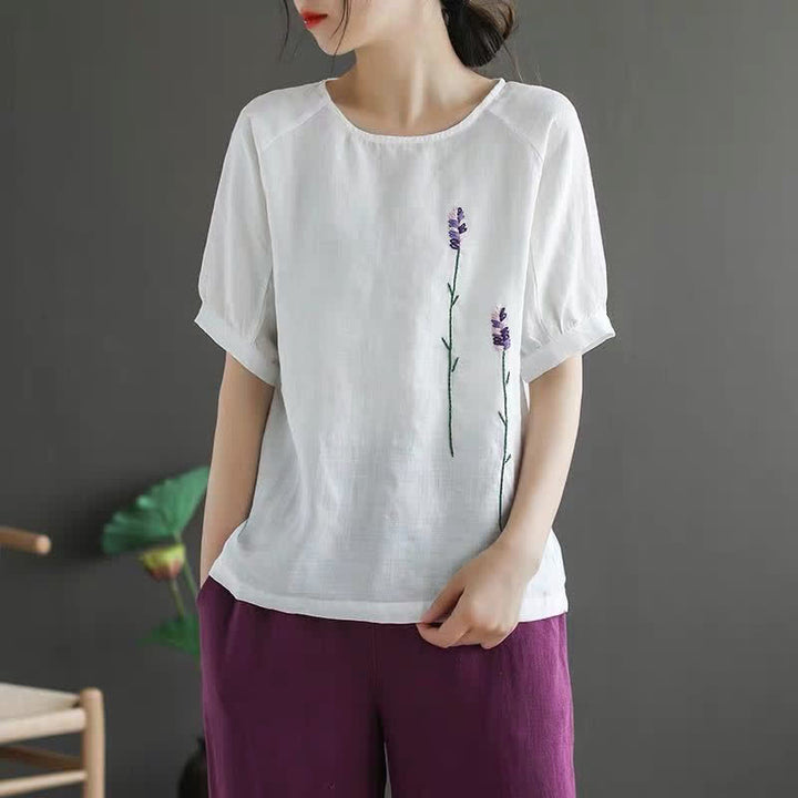 T-shirt da donna girocollo con ricamo floreale vintage estivo Buddha Stones - image 12