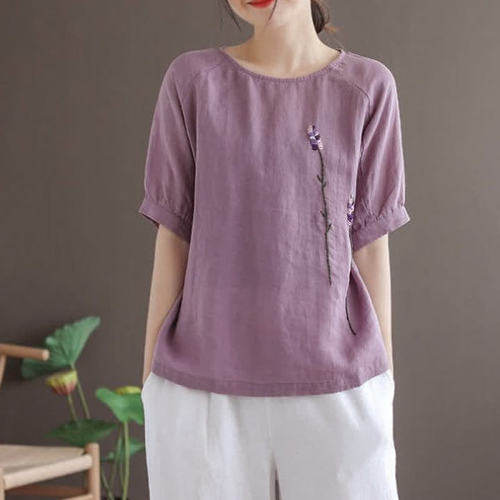 T-shirt da donna girocollo con ricamo floreale vintage estivo Buddha Stones - image 2