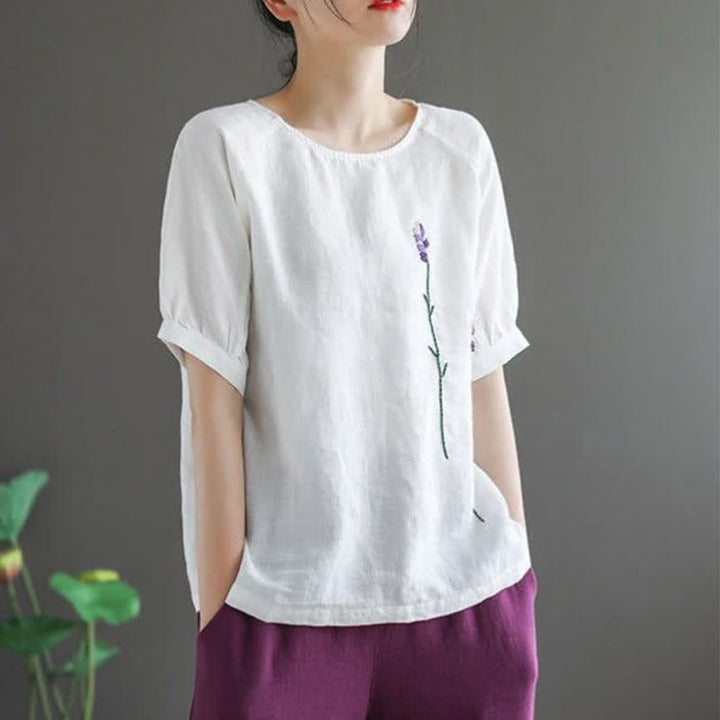 T-shirt da donna girocollo con ricamo floreale vintage estivo Buddha Stones - image 13