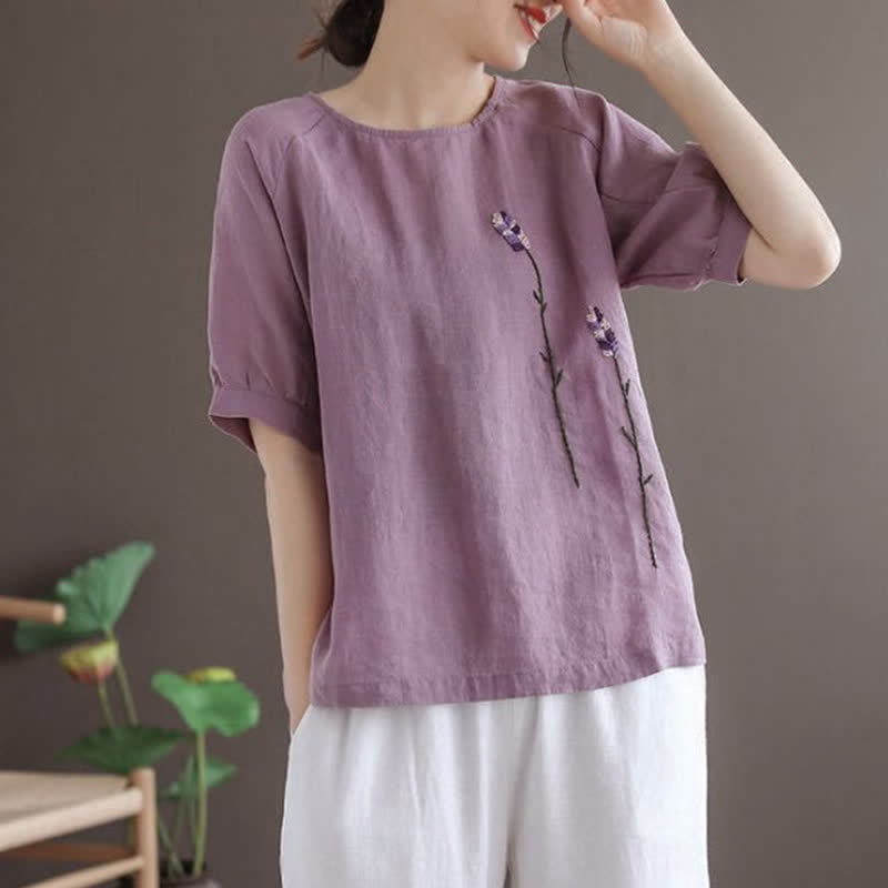 T-shirt da donna girocollo con ricamo floreale vintage estivo Buddha Stones - image 1