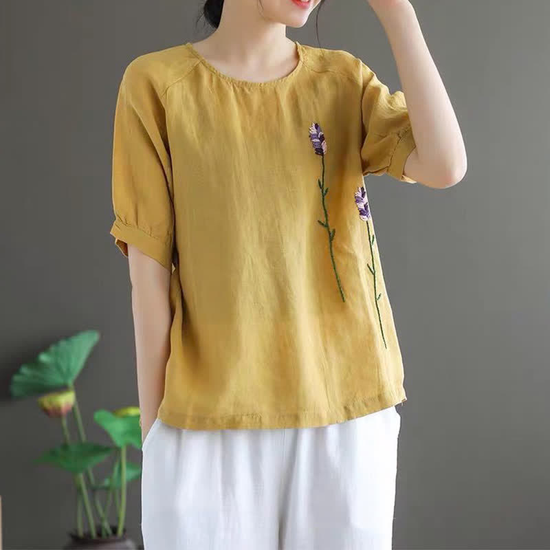 T-shirt da donna girocollo con ricamo floreale vintage estivo Buddha Stones - image 9