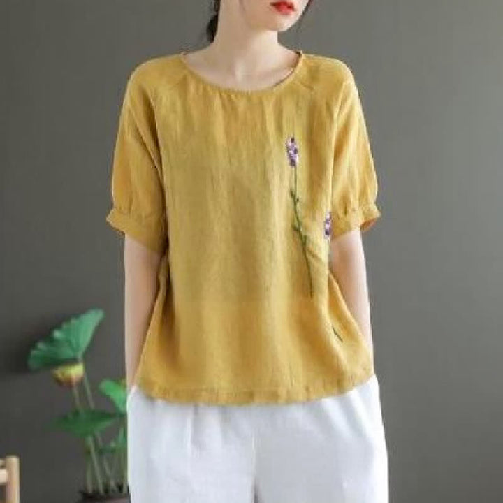 T-shirt da donna girocollo con ricamo floreale vintage estivo Buddha Stones - Cachi - US8-10, UK/AU12-14, EU40-42 (2XL) - image 5