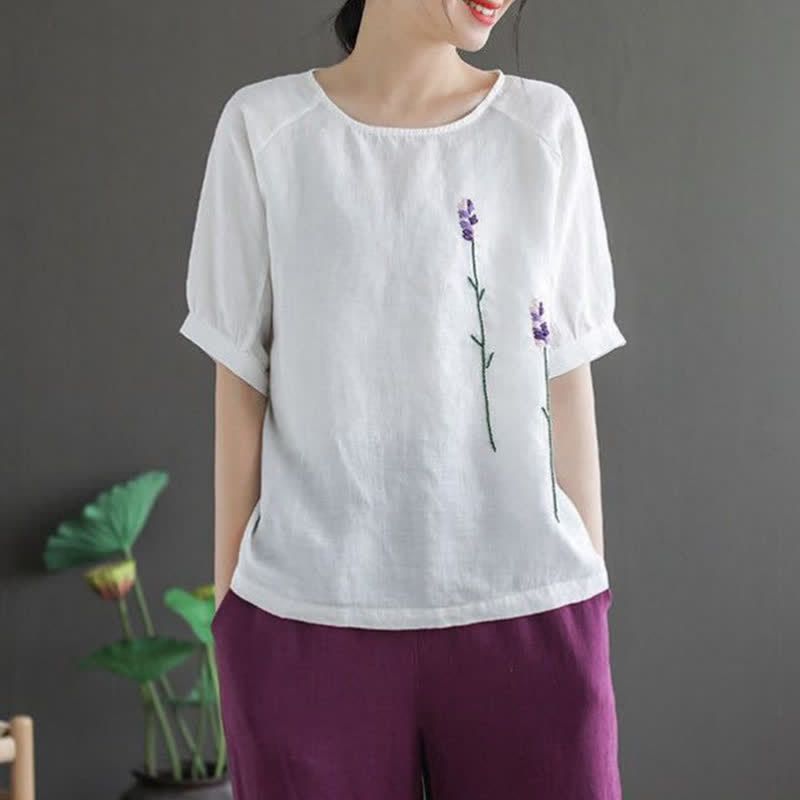 T-shirt da donna girocollo con ricamo floreale vintage estivo Buddha Stones - Bianco - US8-10, UK/AU12-14, EU40-42 (2XL) - image 11