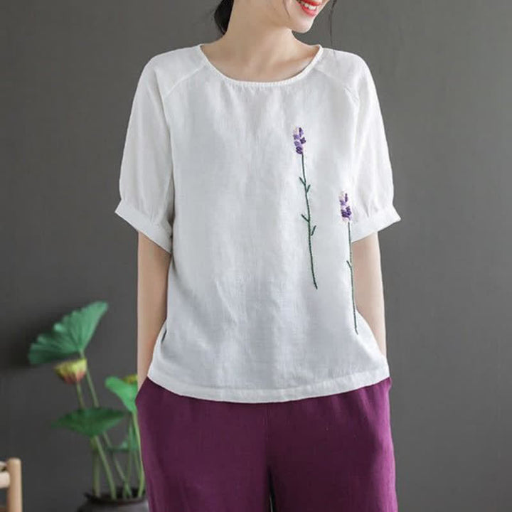T-shirt da donna girocollo con ricamo floreale vintage estivo Buddha Stones - Bianco - US8-10, UK/AU12-14, EU40-42 (2XL) - image 11