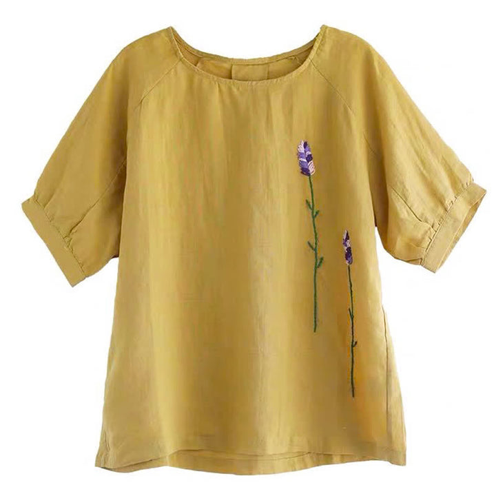 T-shirt da donna girocollo con ricamo floreale vintage estivo Buddha Stones - image 10