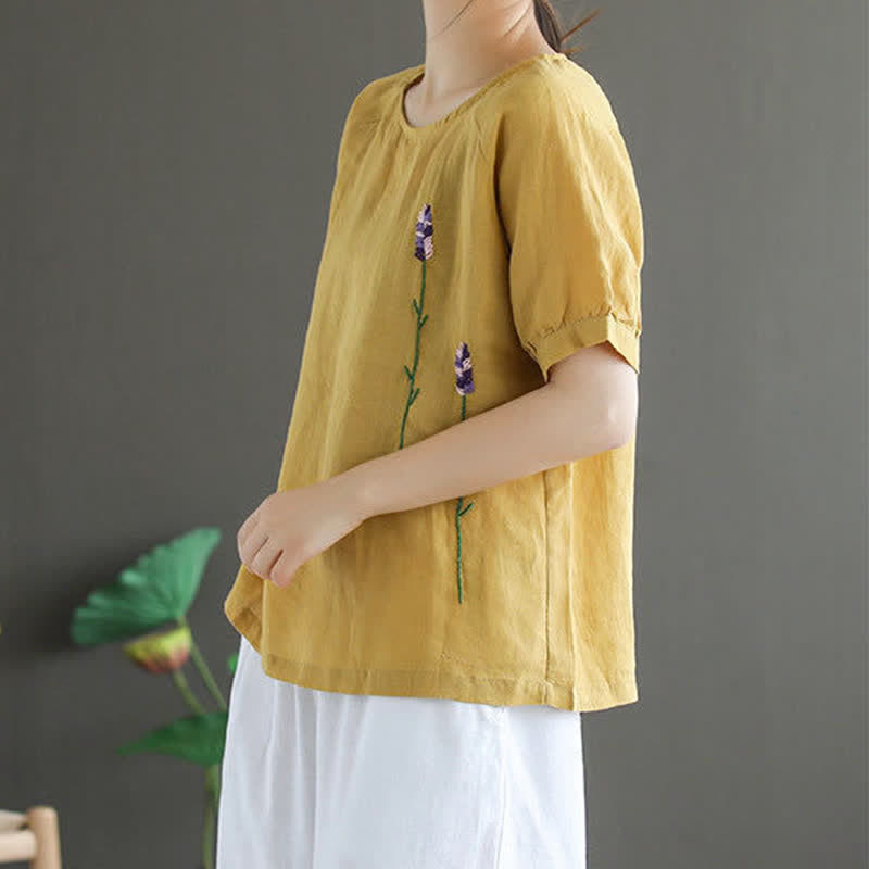 T-shirt da donna girocollo con ricamo floreale vintage estivo Buddha Stones - image 7