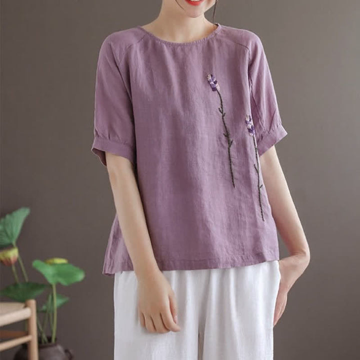 T-shirt da donna girocollo con ricamo floreale vintage estivo Buddha Stones - image 3
