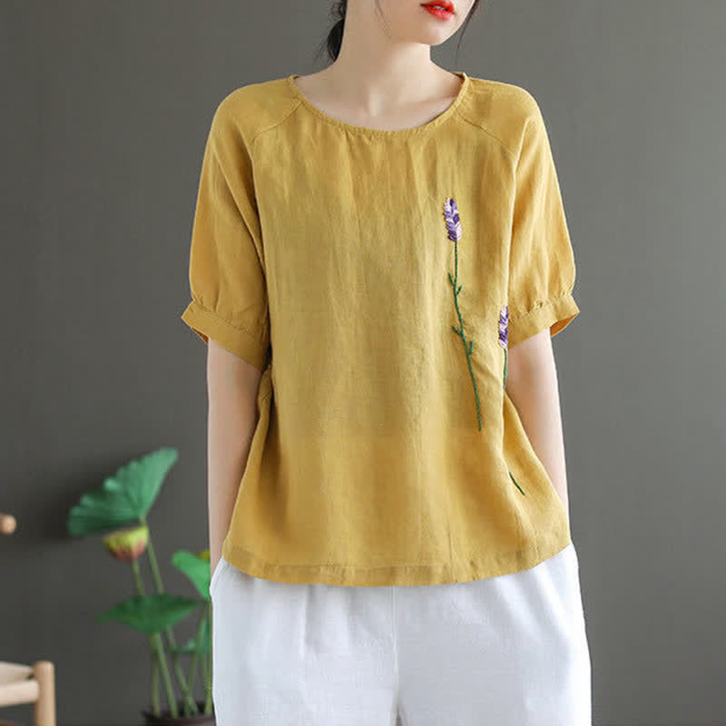 T-shirt da donna girocollo con ricamo floreale vintage estivo Buddha Stones - image 8