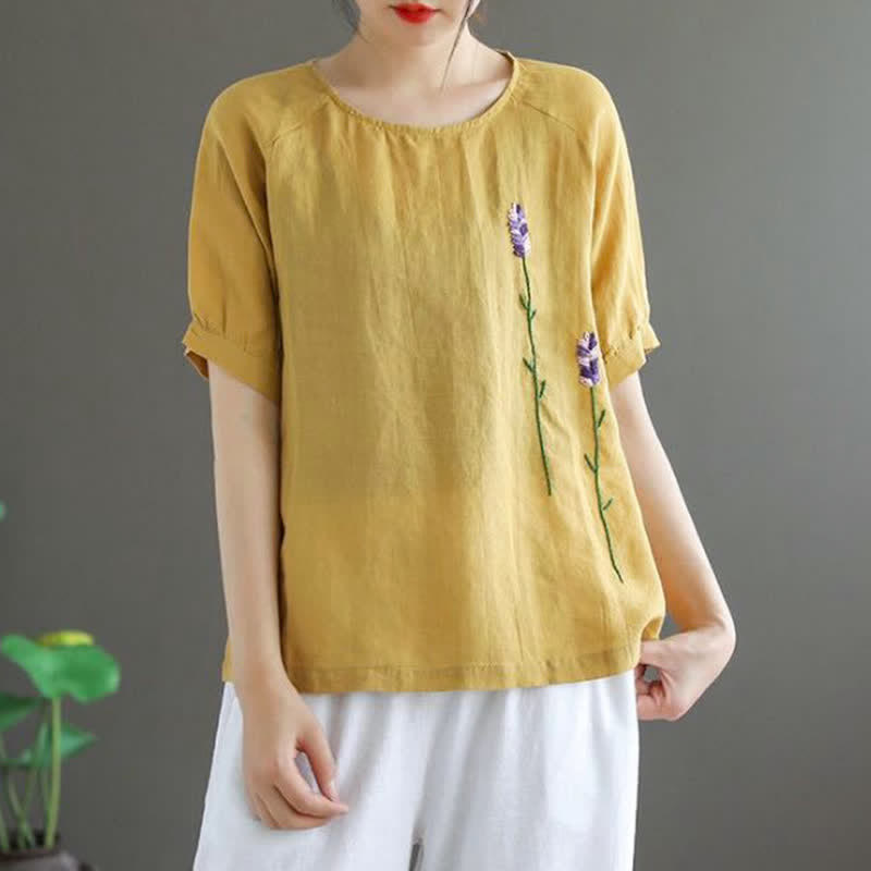 T-shirt da donna girocollo con ricamo floreale vintage estivo Buddha Stones - image 6