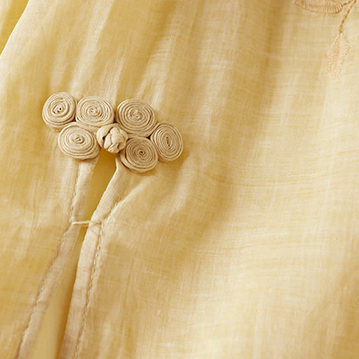 Abito midi in fibra con scollo rotondo e maniche corte, ricamato con foglie e motivo Buddha Stones. - image 5