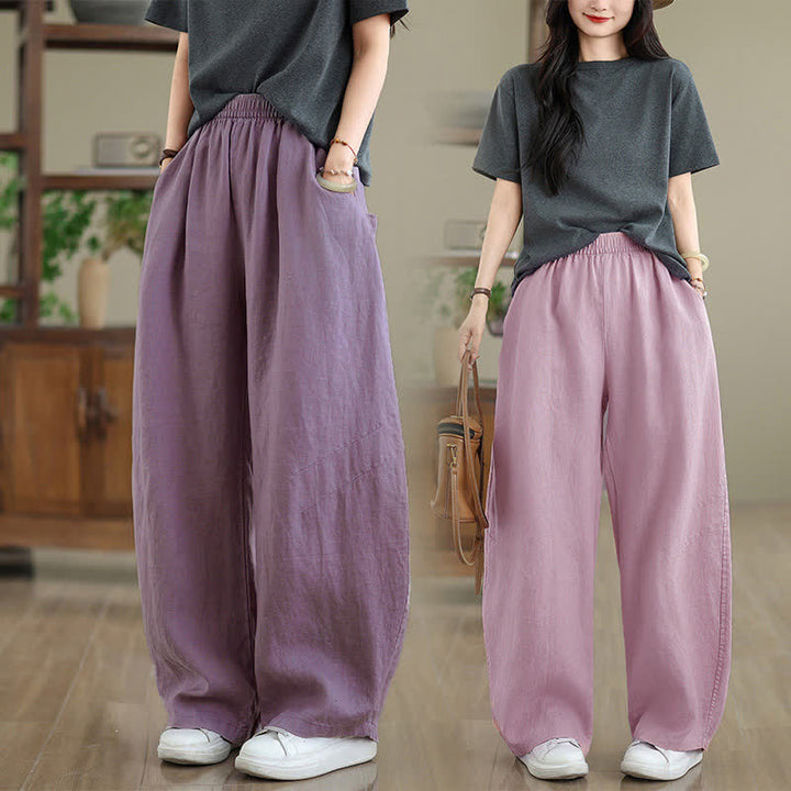 Pantaloni da donna a gamba larga in cotone tinta unita con motivo Buddha Stones e tasche - image 30