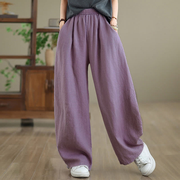 Pantaloni da donna a gamba larga in cotone tinta unita con motivo Buddha Stones e tasche - image 3
