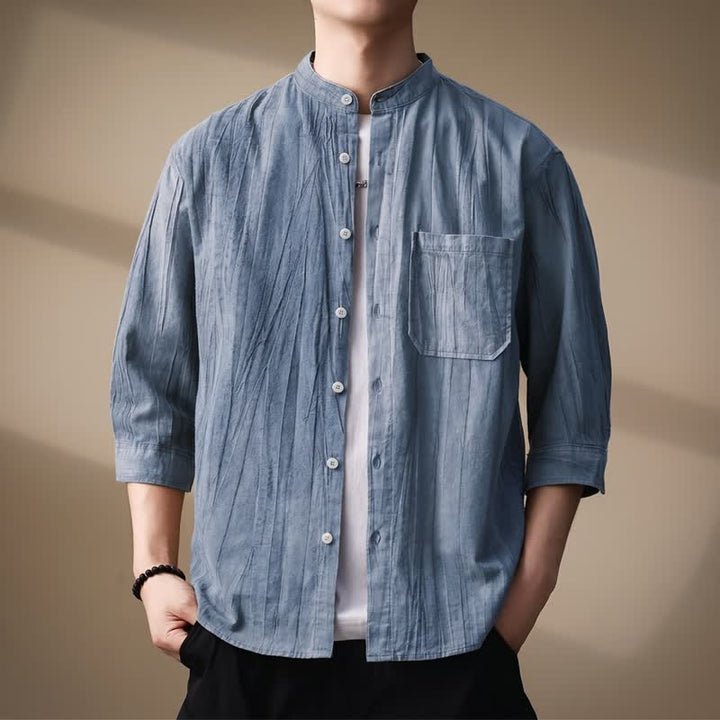 Buddha Stones Camicia da uomo a maniche lunghe in cotone tinta unita, con colletto alla coreana e taschino applicato, ideale per primavera/estate. - Azzurro chiaro - US/UK/AU44, EU54 (4XL) - image 8