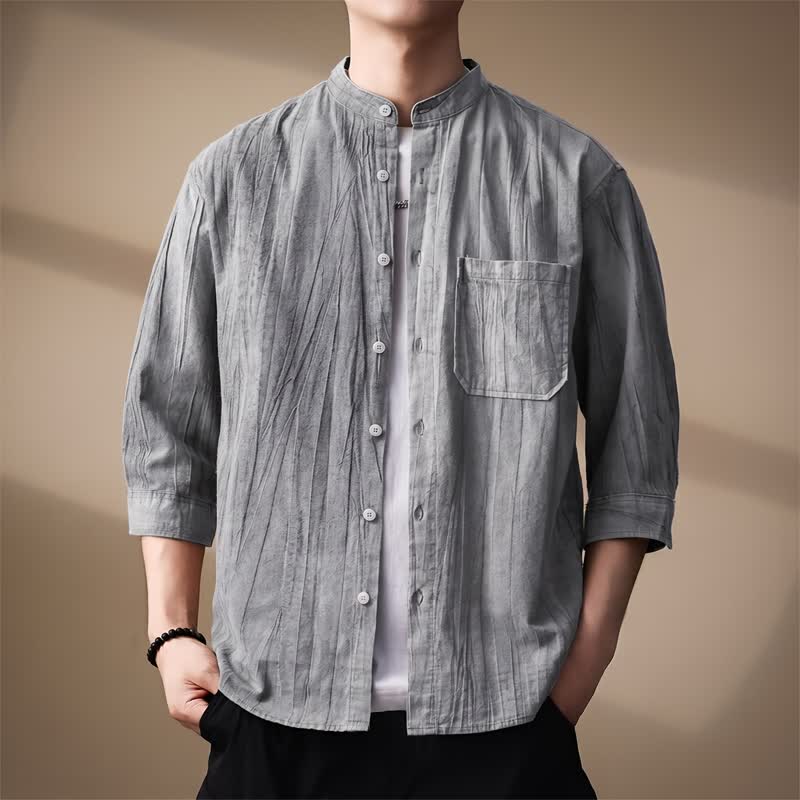 Buddha Stones Camicia da uomo a maniche lunghe in cotone tinta unita, con colletto alla coreana e taschino applicato, ideale per primavera/estate. - Grigio - US/UK/AU44, EU54 (4XL) - image 9