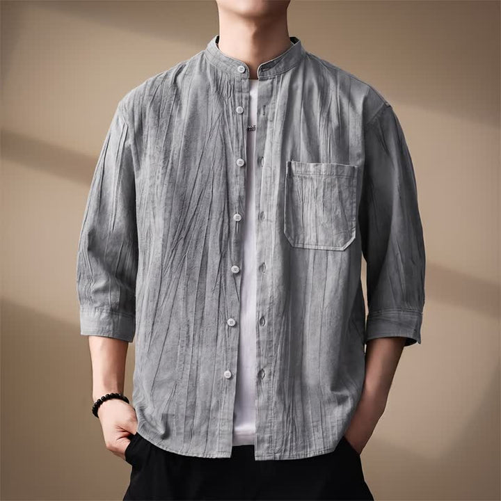 Buddha Stones Camicia da uomo a maniche lunghe in cotone tinta unita, con colletto alla coreana e taschino applicato, ideale per primavera/estate. - Grigio - US/UK/AU44, EU54 (4XL) - image 9