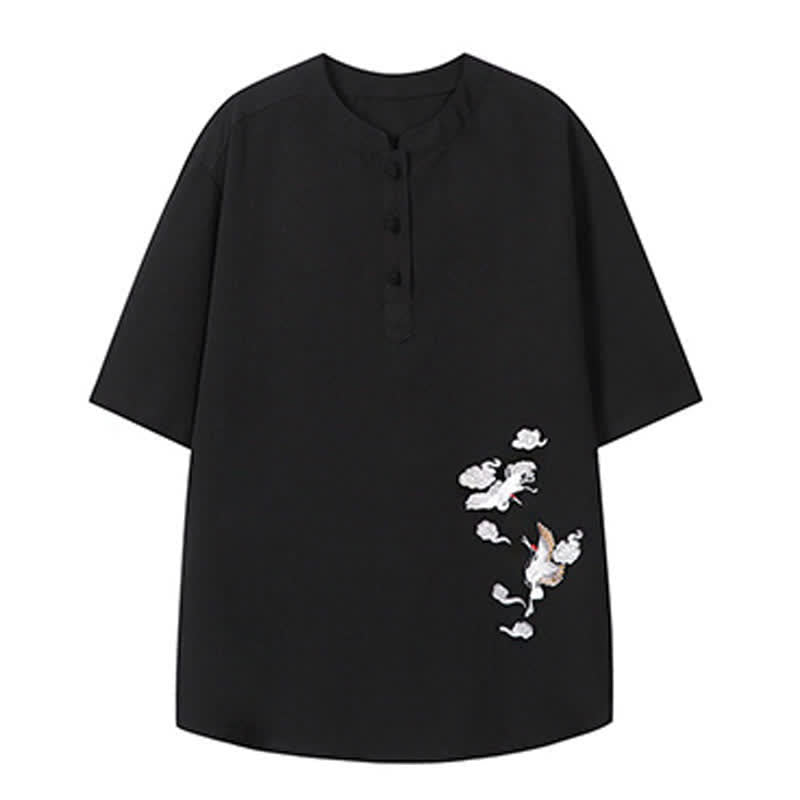 Buddha Stones Camicia da uomo a maniche corte, stile estivo Tang, casual, con colletto alla coreana e ricamo a gru. - image 15