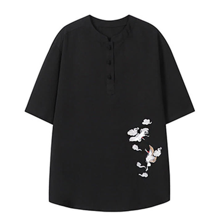 Buddha Stones Camicia da uomo a maniche corte, stile estivo Tang, casual, con colletto alla coreana e ricamo a gru. - image 15