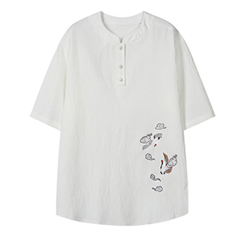 Buddha Stones Camicia da uomo a maniche corte, stile estivo Tang, casual, con colletto alla coreana e ricamo a gru. - image 3