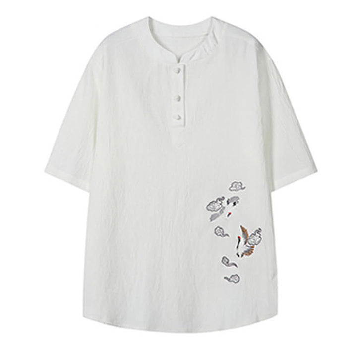 Buddha Stones Camicia da uomo a maniche corte, stile estivo Tang, casual, con colletto alla coreana e ricamo a gru. - image 3