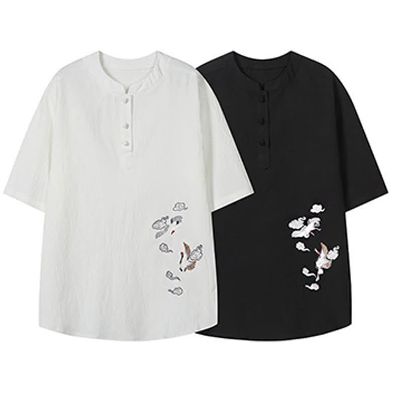 Buddha Stones Camicia da uomo a maniche corte, stile estivo Tang, casual, con colletto alla coreana e ricamo a gru. - image 17