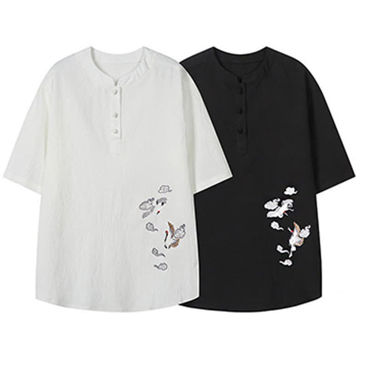 Buddha Stones Camicia da uomo a maniche corte, stile estivo Tang, casual, con colletto alla coreana e ricamo a gru. - image 17