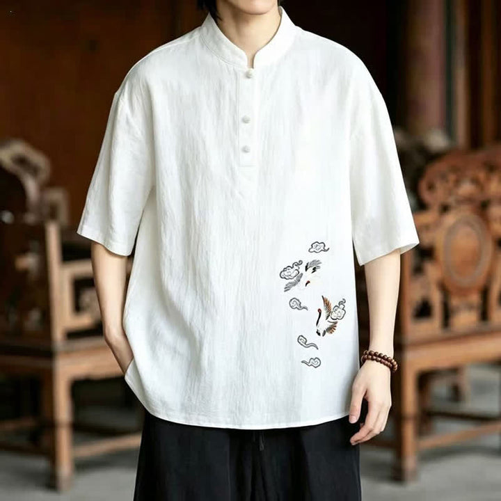Buddha Stones Camicia da uomo a maniche corte, stile estivo Tang, casual, con colletto alla coreana e ricamo a gru. - Bianco - US/UK/AU48, EU58 (6XL) - image 0